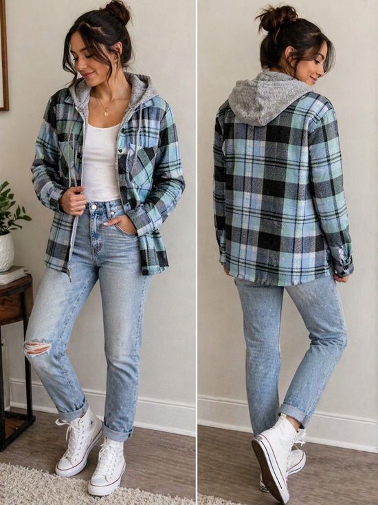 No Boundaries Jackets & Blazers - No Boundaries Plaid Hooded Jacket Shacket Blue Gray Women Large Cozy